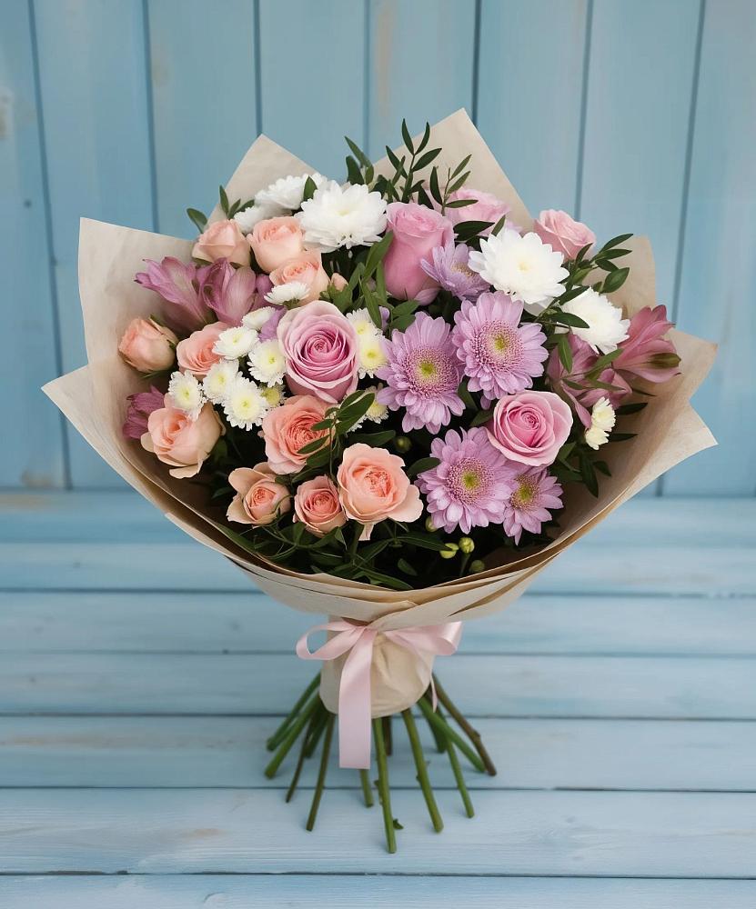 Букет цветов из: Хризантемы, Розы и Альстромерии в Родниковском