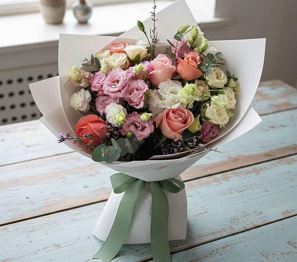 Букет цветов из: Розы, Лизиантусы и Гвоздики в Родниковском