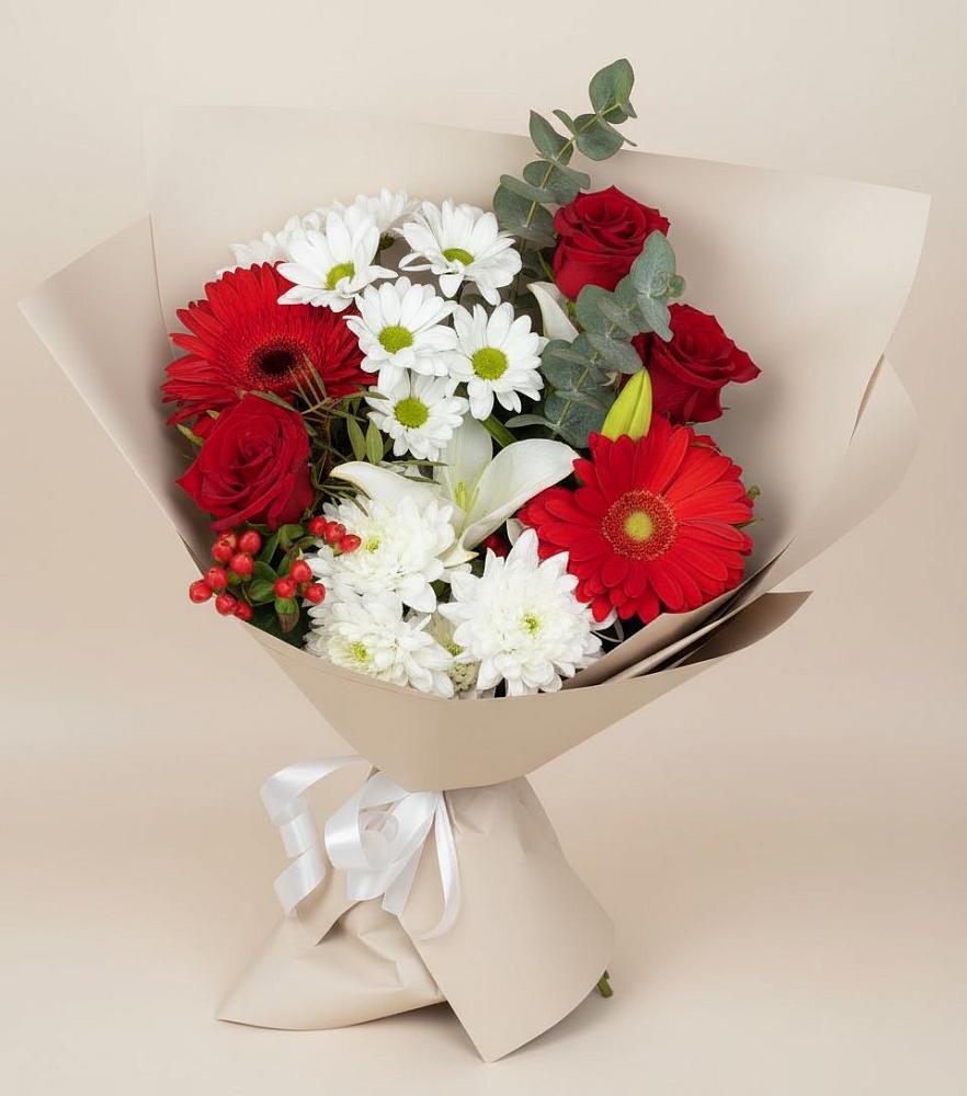 Букет цветов из: Розы, Хризантемы, Герберы и Лилии в Родниковском