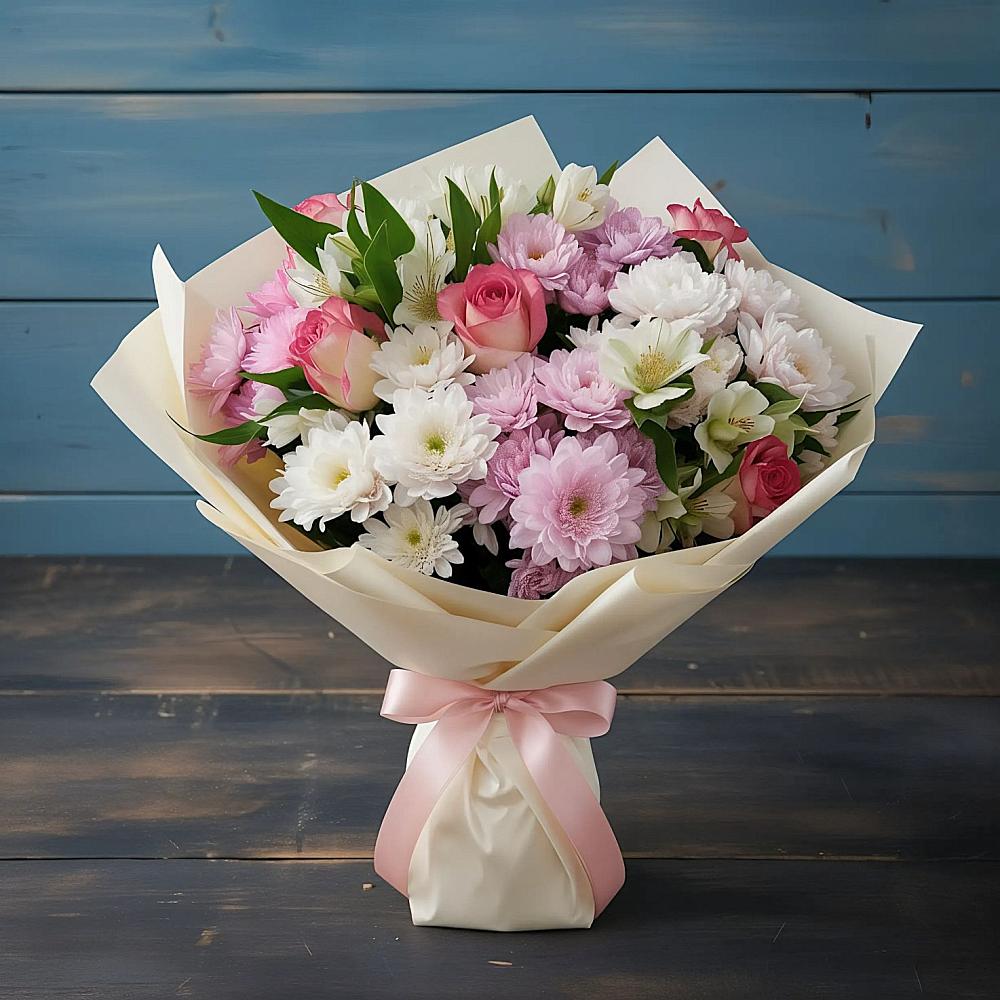 Букет цветов из: Хризантемы, Альстромерии и Розы в Родниковском